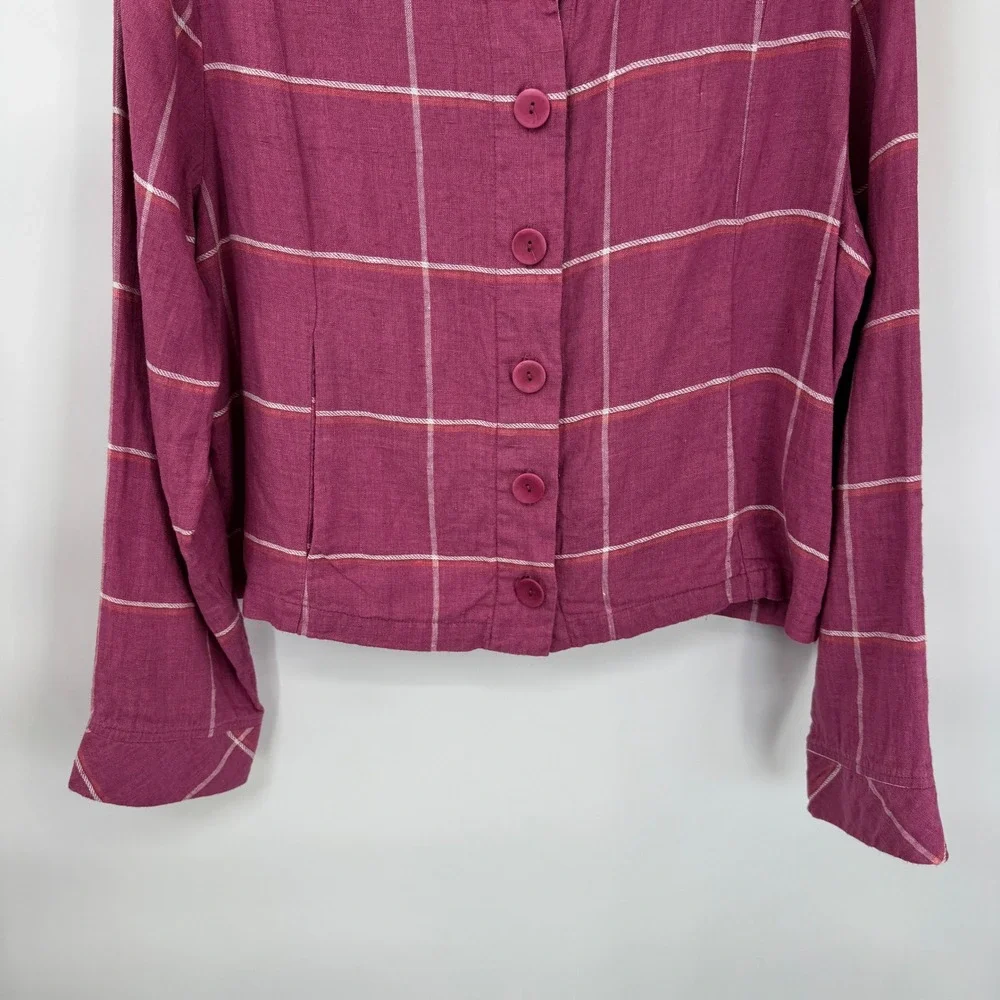 Flax Button Front Jacket Womens Small Pink Windowpane Plaid 100% Linen Boxy